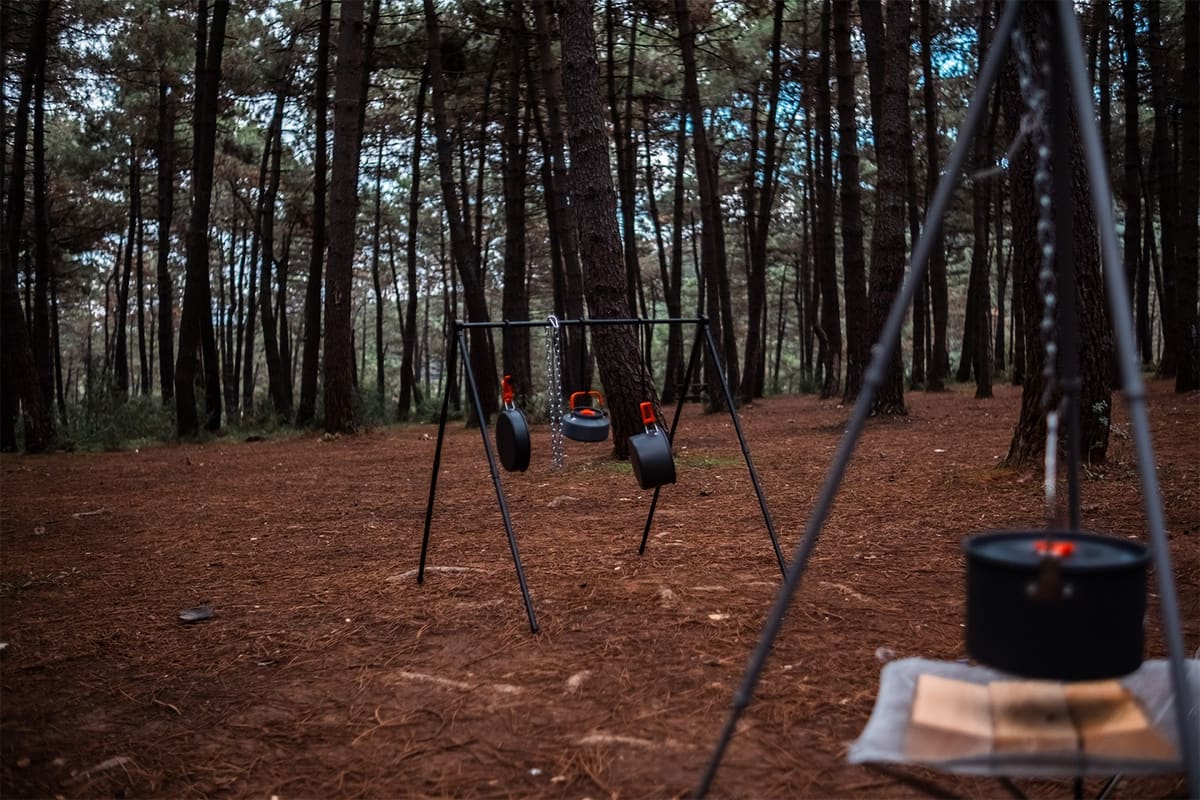 Pan, kettle and pot hanging from a cook rack in a pine forest, with a pot over the fire in front