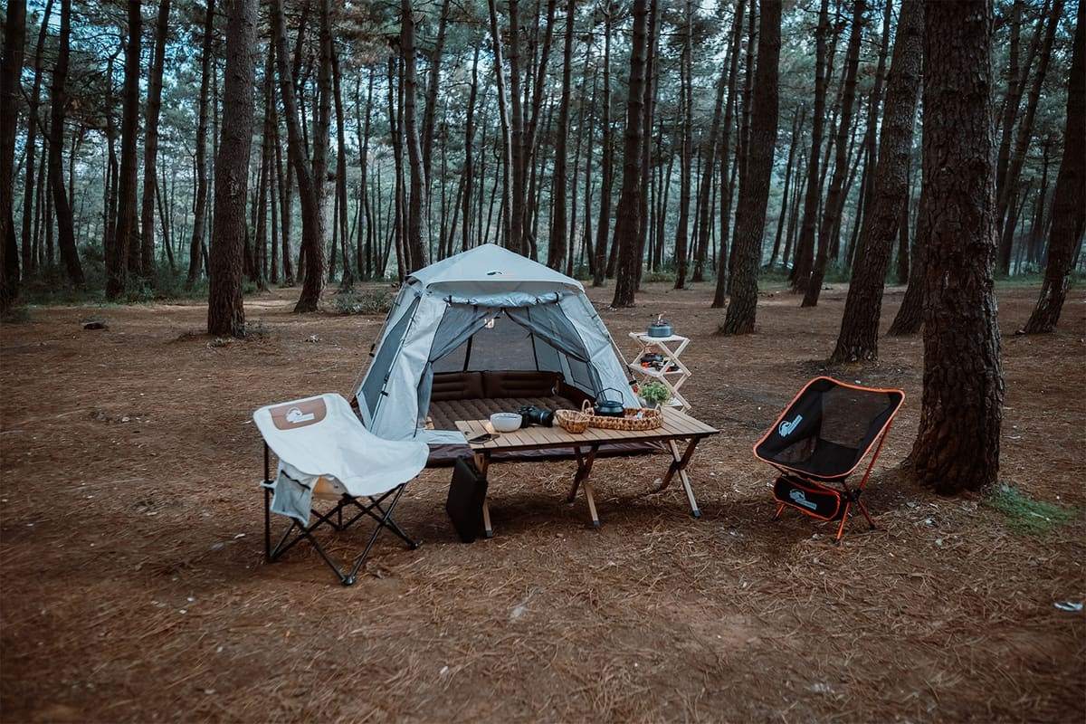 Asgard tent in a pine forest with an Atlas folding table, a canvas chair and a Loki chair in front