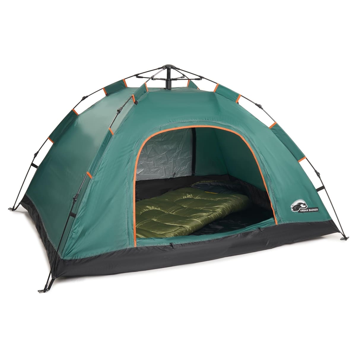 Midgard lightweight tent with the door open and bedding inside