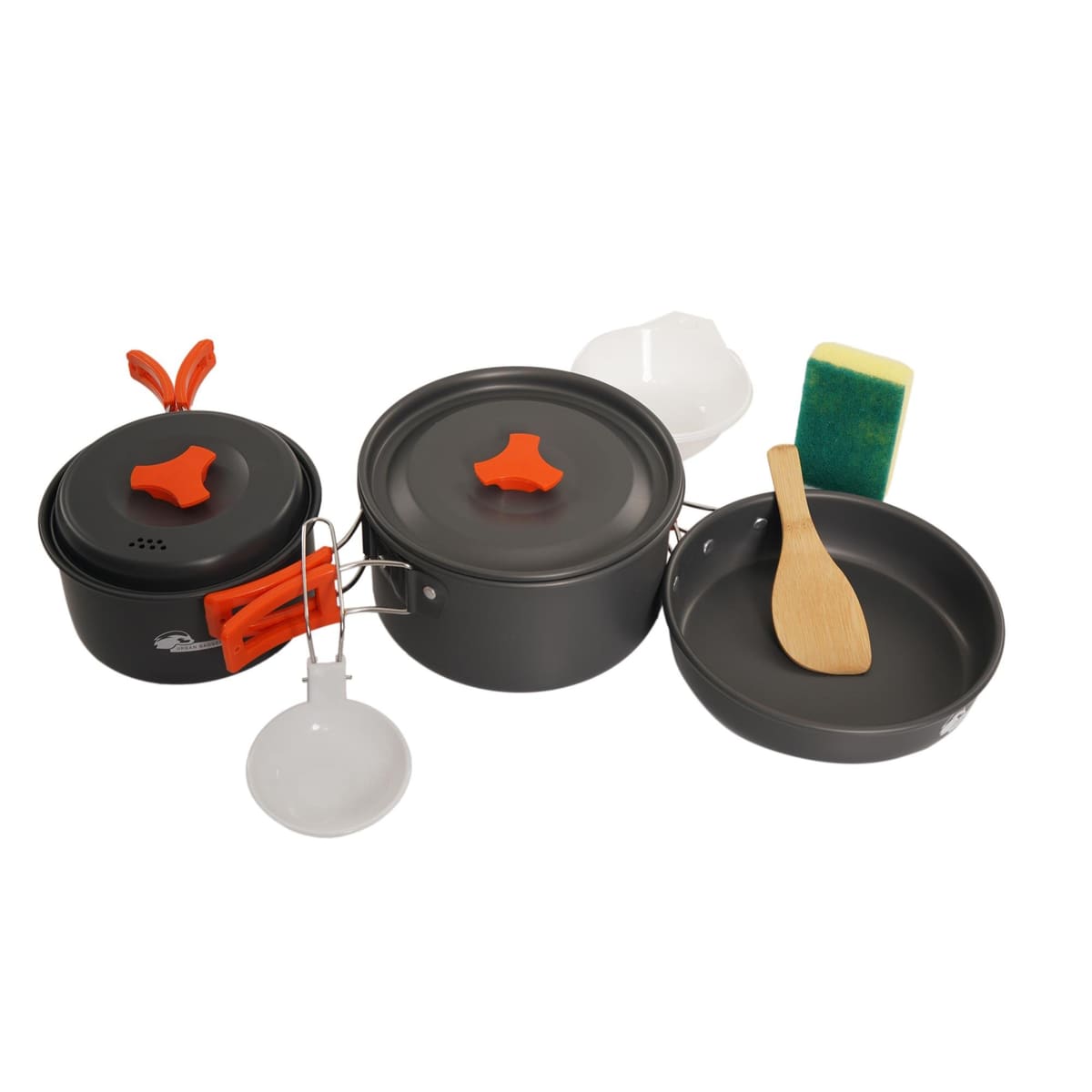 Njord kitchen set laid out: pots, pan, bowl, spoon and sponge