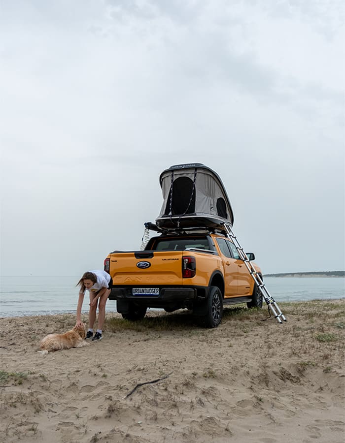 Woman bending down to a golden retriever behind the pickup, the ladder leaning on the open roof top tent