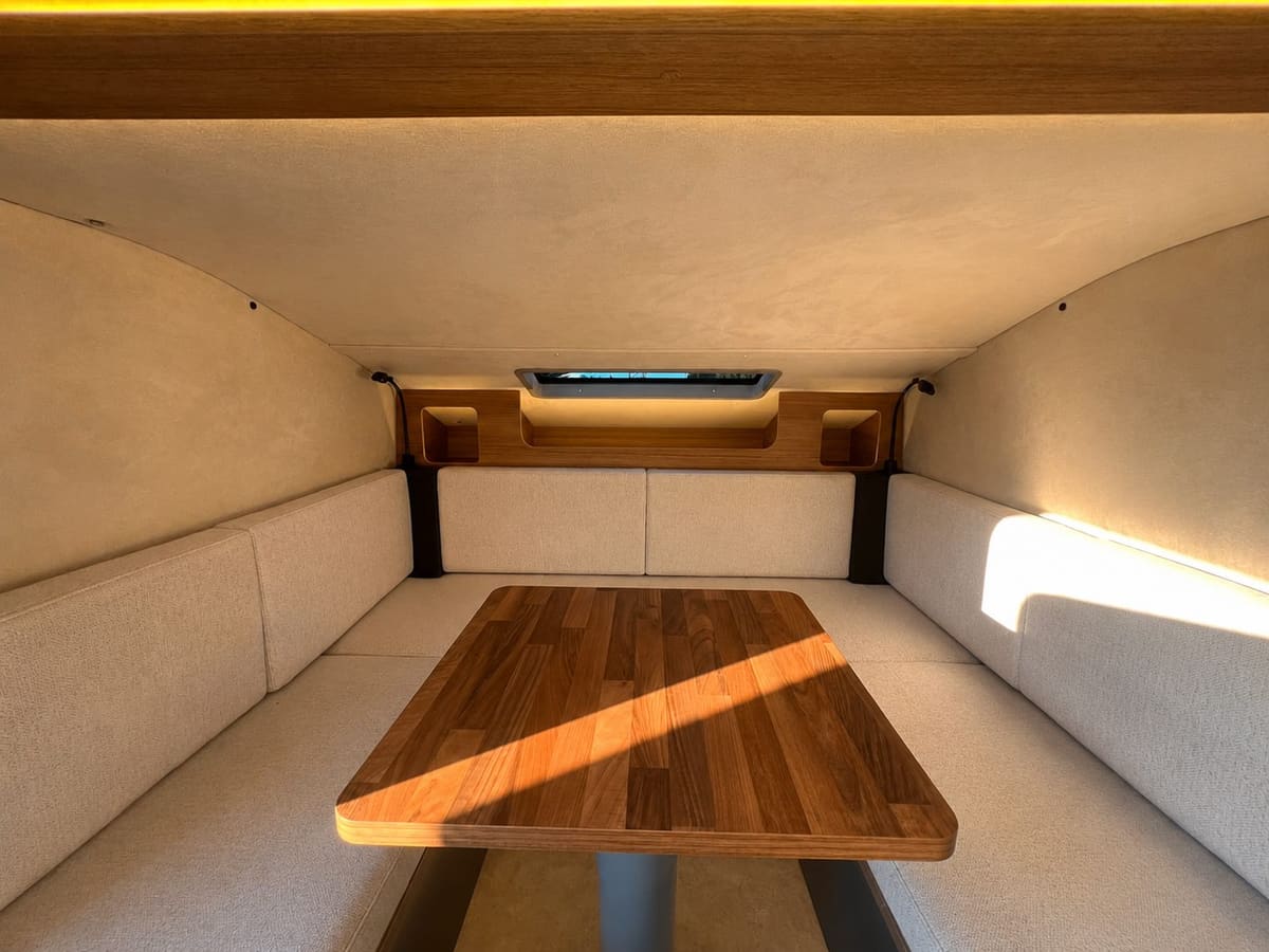 Lounge inside the Urban Badger Towable Caravan with a wooden table
