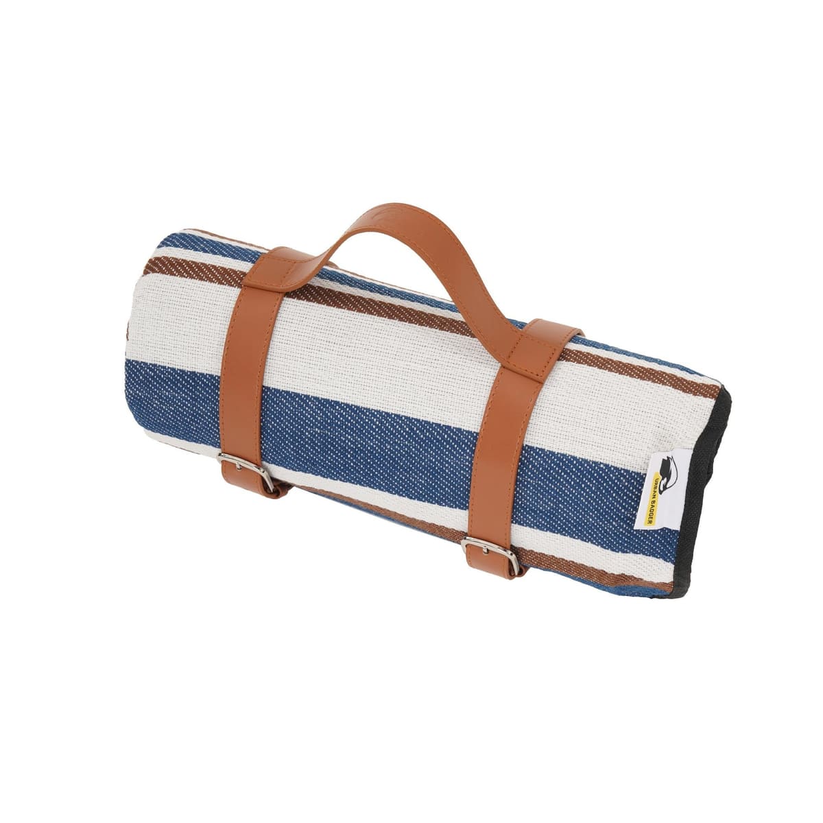 Wunjo picnic blanket rolled up with a brown carry strap