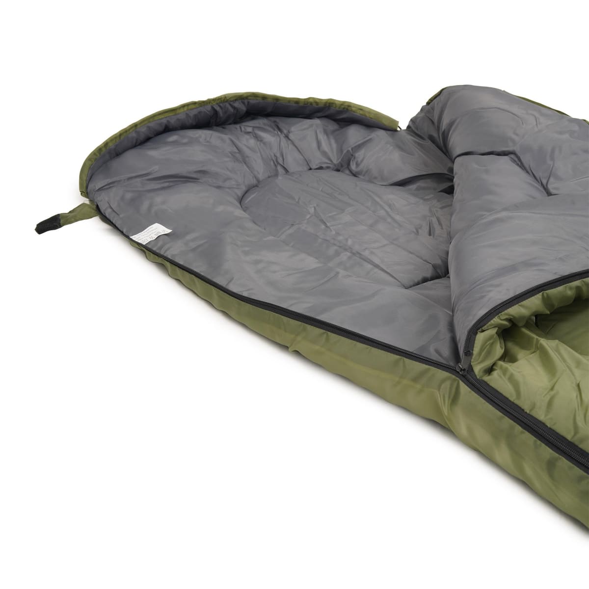 Open Yule sleeping bag showing the grey lining